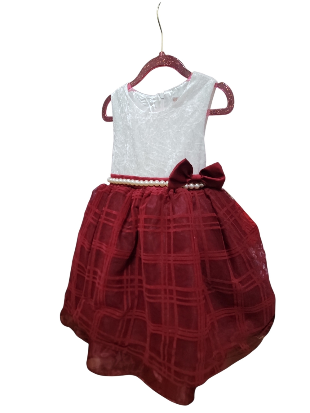 Toddler Girls Cream & Burgundy Pearl-Trim Party Dress